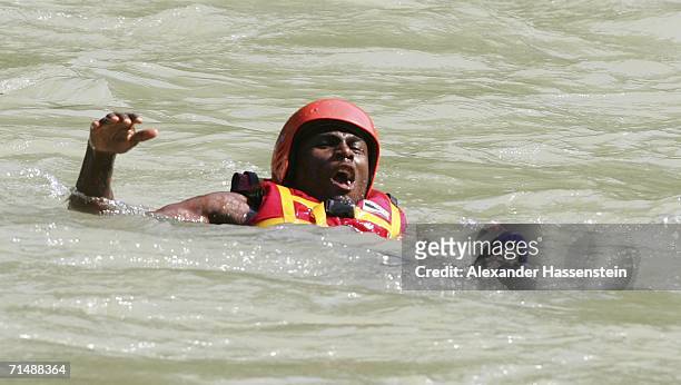 Guy Demel of Hamburg SV takes part in a white-water rafting tour on the Saalbach River on July 20, 2006 in Lofers near Salzburg, Germany. The rafting...