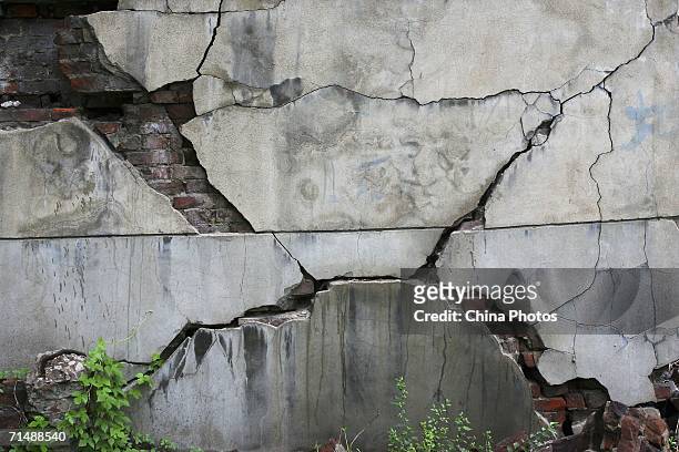 Ruins of a library destroyed during the Tangshan Earthquake, in the campus of Hebei Polytechnic University are seen on July 18, 2006 in Tangshan of...