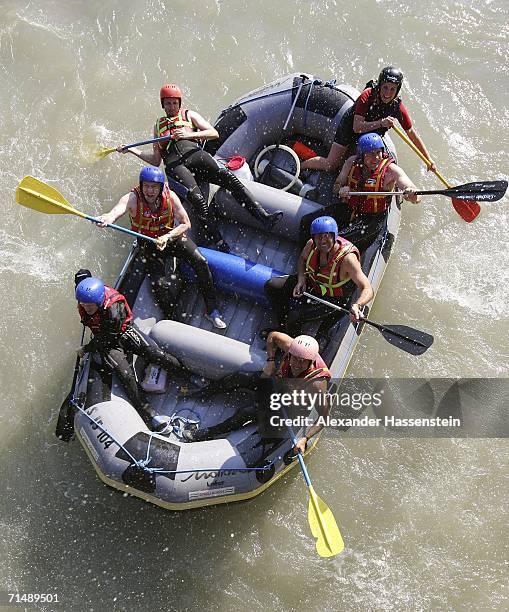 Thomas Doll coach of Hamburg SV and his team takes part in a white-water rafting tour on the Saalbach River on July 20, 2006 in Lofers near Salzburg,...