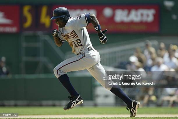 Outfielder Alfonso Soriano of the Washington Nationals steals second base during a game against the Pittsburgh Pirates at PNC Park on July 16, 2006...