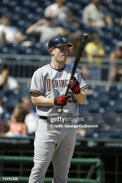 Outfielder Austin Kearns of the Washington Nationals prepares to bat against the Pittsburgh Pirates at PNC Park on July 16, 2006 in Pittsburgh,...