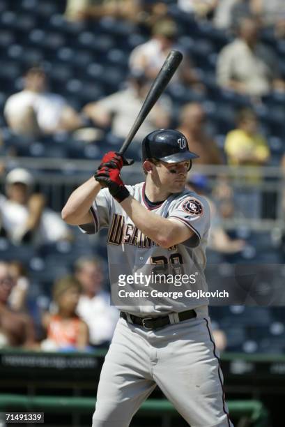 Outfielder Austin Kearns of the Washington Nationals bats against the Pittsburgh Pirates at PNC Park on July 16, 2006 in Pittsburgh, Pennsylvania....