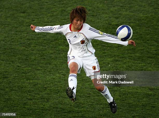 Aya Shimokozuru of Japan controls the ball during the Womens Asian Cup match between Chinese Taipei and Japan at Hindmarsh Stadium July 21, 2006 in...