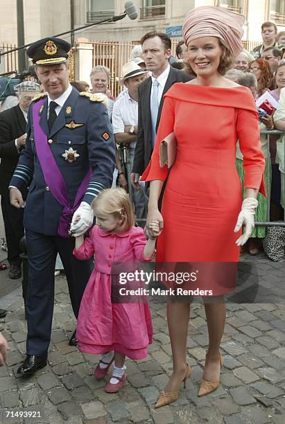 Princess Mathilde, Princess Elisabeth and Prince Philippe leave the Saint Michael and Saint Gudula Cathedral after attending the Te Deum during...
