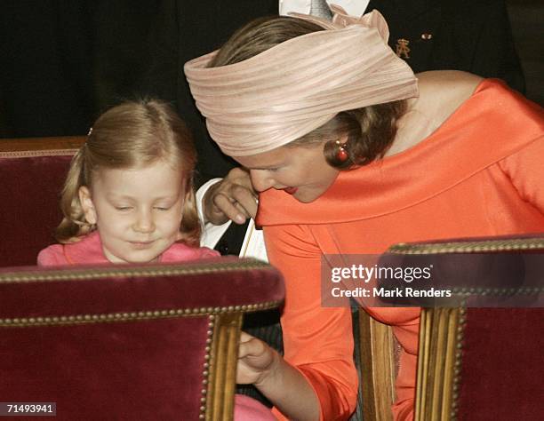 Princess Elisabeth of Belgium and Princess Mathilde of Belgium in the Saint Michael and Saint Gudula Cathedral where they attended the Te Deum during...