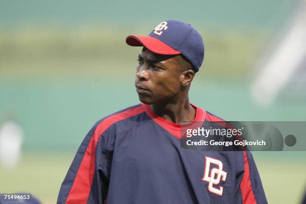 Outfielder Alfonso Soriano of the Washington Nationals on the field before a game against the Pittsburgh Pirates at PNC Park on July 14, 2006 in...