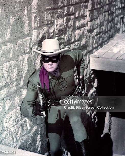 American actor Clayton Moore as The Lone Ranger in the TV western series of the same name, circa 1957.