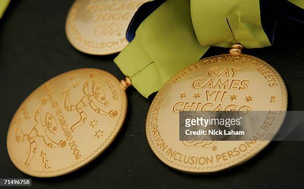 Some of the gold medals that are to be awarded for track and field at the Gay Games VII at Hanson Stadium July 21, 2006 in Chicago, Illinois.
