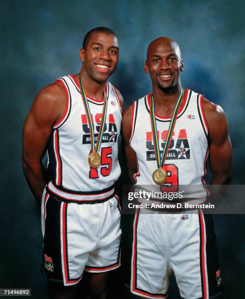 Magic Johnson and Michael Jordan of the United States National Team pose for a photo during the1992 Summer Olympics in Barcelona, Spain. NOTE TO...