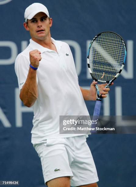 Andy Roddick celebrates a point against Gilles Muller of Luxemburg during the RCA Championships July 21, 2006 at the Indianapolis Tennis Center in...