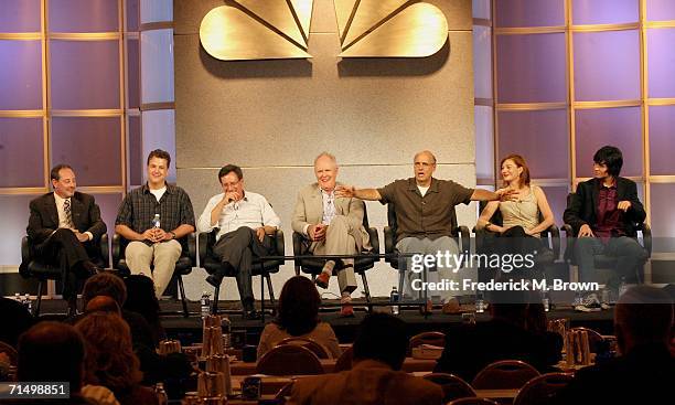 Producer Eric Gold, executive producer Marsh McCall, producer Tom Werner, actors John Lithgow, Jeffrey Tambor, Heather Burns and Jake Sandvig of the...