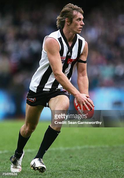 Ben Davies for Collingwood in action during his 200th game in the round 16 AFL match between the Collingwood Magpies and the West Coast Eagles at the...