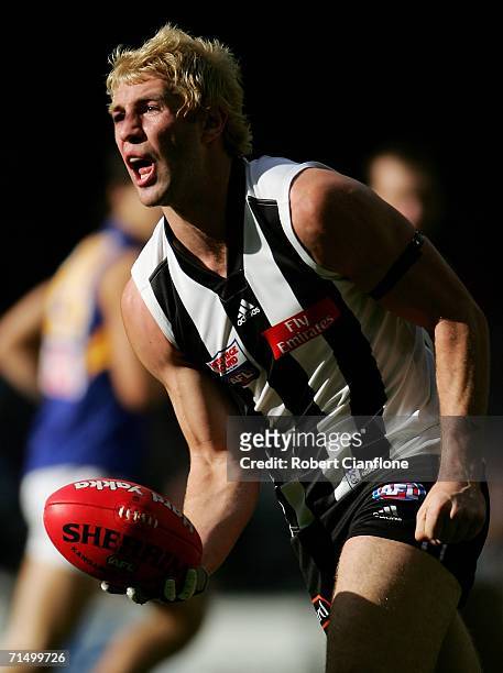 Travis Cloke of the Magpies in action during the round 16 AFL match between the Collingwood Magpies and the West Coast Eagles at the Telstra Dome...