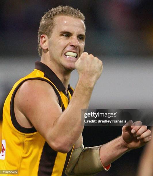 Rick Ladson of the Hawks celebrates a goal during the round 16 AFL match between the Brisbane Lions and the Hawthorn Hawks at the Gabba on July 22,...
