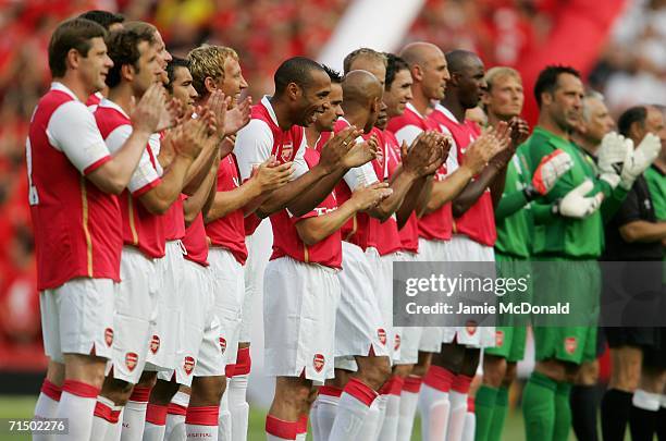 Thierry Henry of Arsenal enjoys a joke during the Dennis Bergkamp testimonial match between Arsenal and Ajax at the Emirates Stadium on July 22, 2006...
