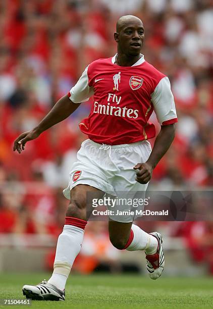 Ian Wright of Arsenal in action during the Dennis Bergkamp testimonial match between Arsenal and Ajax at the Emirates Stadium on July 22, 2006 in...