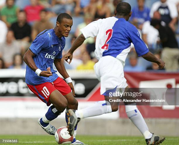 Vincent Kompany of Hamburg and Didier Agathe of Blackburn during the friendly match between Hamburger SV and Blackburn Rovers on July 23, 2006 in...