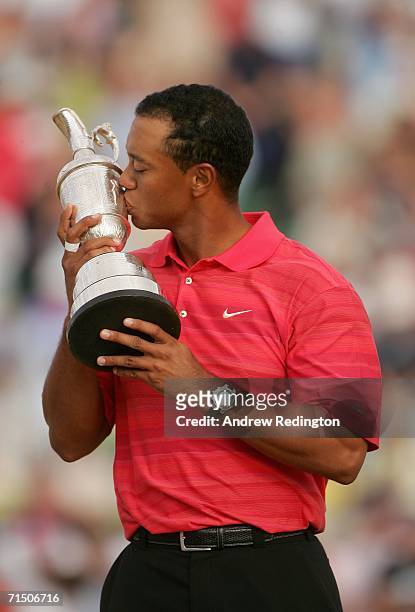 Tiger Woods of USA kisses the claret jug following his two shot victory at the end of the final round of The Open Championship at Royal Liverpool...