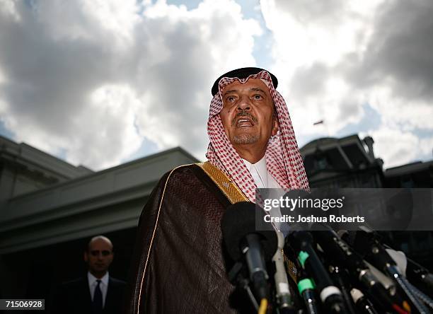 Senior Foreign Minister Saud al-Faisal speaks to the media after meeting with President George W. Bush and Secretary of State Condoleezza Rice in the...