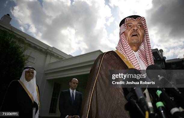 Senior Foreign Minister Prince Saud al-Faisal , speaks to the media as Saudi Ambassador to the U.S. Prince Turki al-Faisal and Crown Prince...
