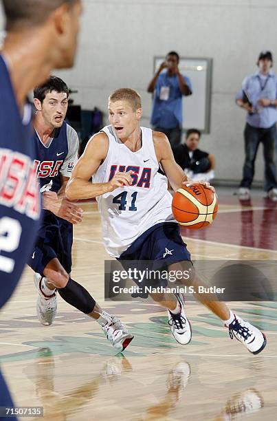 Luke Ridnour drives against Kirk Hinrich during USA Senior Mens National Team practice on July 23, 2006 at the Cox Pavilion in Las Vegas, Nevada....