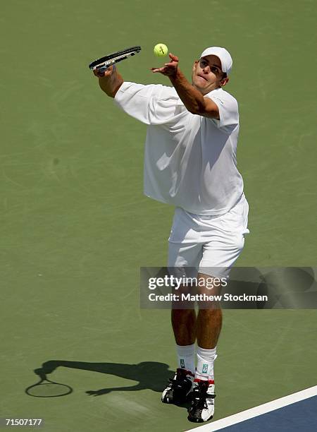 Andy Roddick serves to James Blake during the final of the RCA Championships July 23, 2006 at the Indianapolis Tennis Center in Indianapolis,...