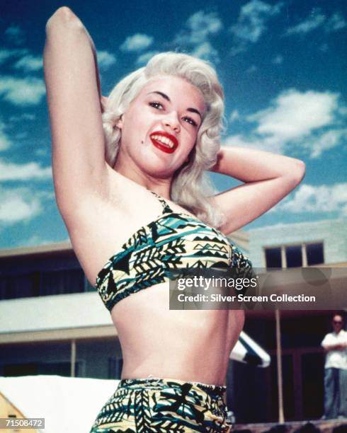 American actress Jayne Mansfield wearing a patterned bikini, circa 1955.