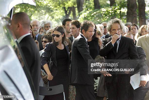 French actors Genraldine Pailhas , Christopher Thompson and producer Albert Koski are pictured during French film director Gerard Oury's Funeral, 24...