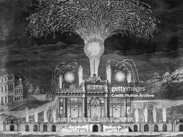 Firework display in London's Green Park to celebrate the Treaty of Aix-La-Chapelle, which ended the War of the Austrian Succession, 27th April 1749....