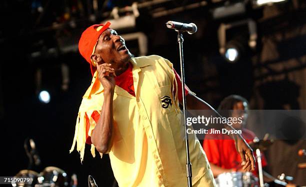 Jamaican reggae singer Jimmy Cliff performs on the main stage during the second day of the Volvic Lovebox Weekender held in Victoria Park on July 23,...