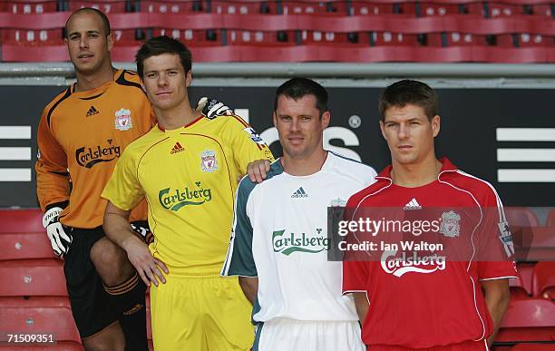 Pepe Reina, Xabi Alonso, Jamie Carragher, Steven Gerrard show off the new kits during the Liverpool FC Adidas Kit Launch Press Conference at Anfield...