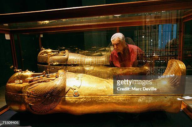 Doctor Zahi Hawass the secretary general of the Supreme Council of Antiquities looks at the sarcophagus of Tutankhamun, the most famous Egyptian...