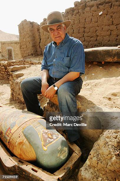 Doctor Zahi Hawass the secretary general of the Supreme Council of Antiquities poses in front of the sarcophagus of a rich merchant in August 2005 in...