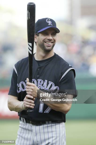 First baseman Todd Helton of the Colorado Rockies smiles while talking with fans before a game against the Pittsburgh Pirates at PNC Park on July 18,...