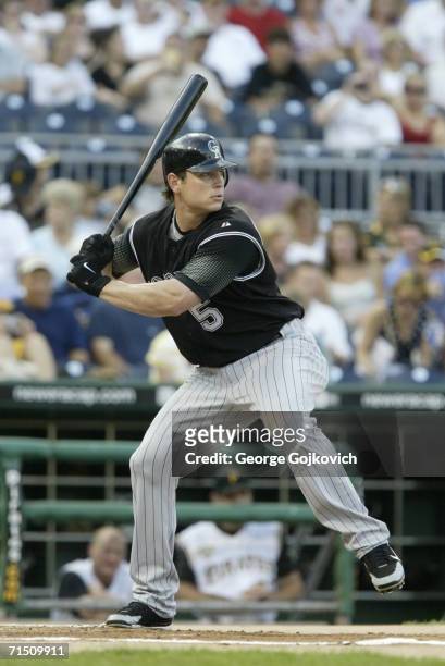 Outfielder Matt Holliday of the Colorado Rockies bats against the Pittsburgh Pirates at PNC Park on July 18, 2006 in Pittsburgh, Pennsylvania. The...