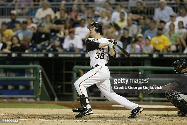 Outfielder Jason Bay of the Pittsburgh Pirates bats against the Colorado Rockies at PNC Park on July 18, 2006 in Pittsburgh, Pennsylvania. The...