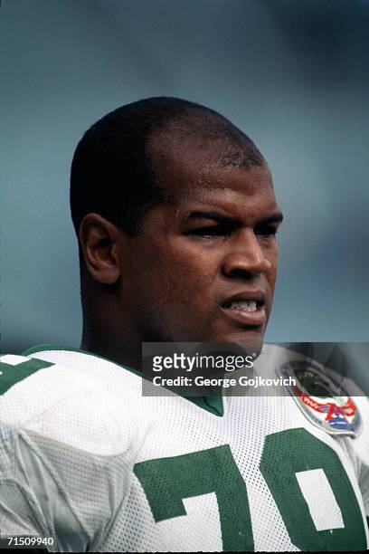 Offensive lineman Marvin Powell of the New York Jets on the sideline during a game against the Cleveland Browns at Municipal Stadium on October 14,...