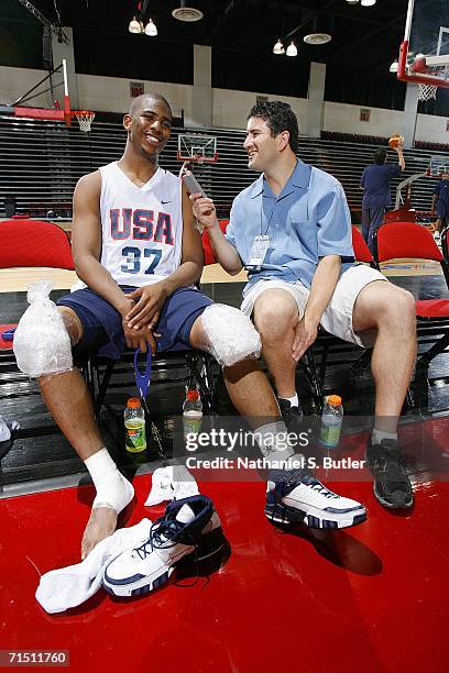 Chris Paul is interviewed by ESPN's Andy Katz during USA Senior Mens National Team practice on July 24, 2006 at the Cox Pavilion in Las Vegas,...