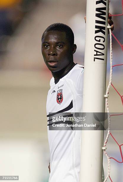 Freddy Adu of the DC United looks on from the goal against the Chicago Fire on July 22, 2006 at Toyota Park in Bridgeview, Illinois.