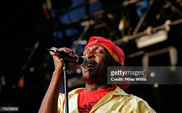 Jamaican reggae singer Jimmy Cliff performs on the main stage during the second day of the Volvic Lovebox Weekender held in Victoria Park on July 23,...
