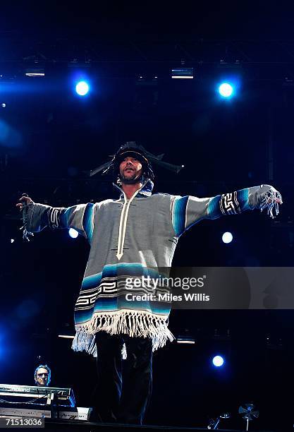 Jay Kay of Jamiroquai performs on the main stage during the second day of the Volvic Lovebox Weekender held in Victoria Park on July 23, 2006 in East...