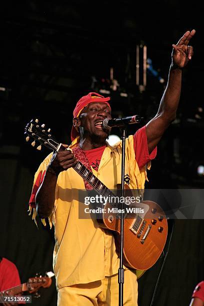 Jamaican reggae singer Jimmy Cliff performs on the main stage during the second day of the Volvic Lovebox Weekender held in Victoria Park on July 23,...