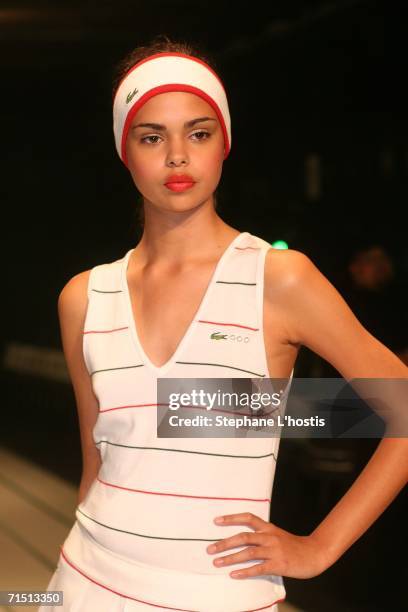 Model Samantha Harris poses on the runway at the Lacoste Spring Summer 2006 Collection show at Doltone House on July 25, 2006 in Sydney, Australia.