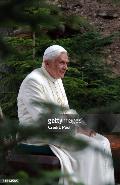 Pope Benedict XVI rests in the garden of his summer residence July 25, 2006 in Les Combes, Val D'Aosta, Italy. During his Sunday Angelus the Pontiff...