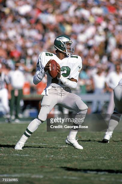 Quarterback Randall Cunningham of the Philadelphia Eagles looks to pass during a game against the Los Angeles Raiders at the Los Angeles Memorial...