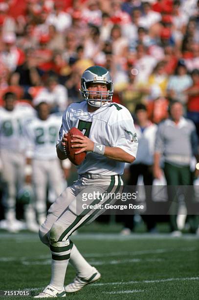 Quarterback Ron Jaworski of the Philadelphia Eagles looks down field for a receiver during a game against the San Francisco 49ers at Candlestick Park...