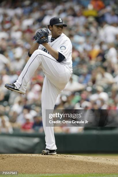 Felix Hernandez of the Seattle Mariners pitches against the Boston Red Sox on July 22, 2006 at Safeco Field in Seattle, Washington. The Mariners...