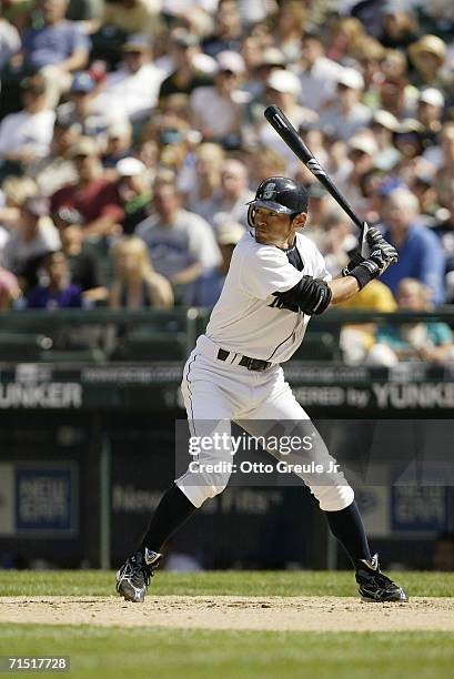 Ichiro Suzuki of the Seattle Mariners bats against the Boston Red Sox on July 22, 2006 at Safeco Field in Seattle, Washington. The Mariners defeated...