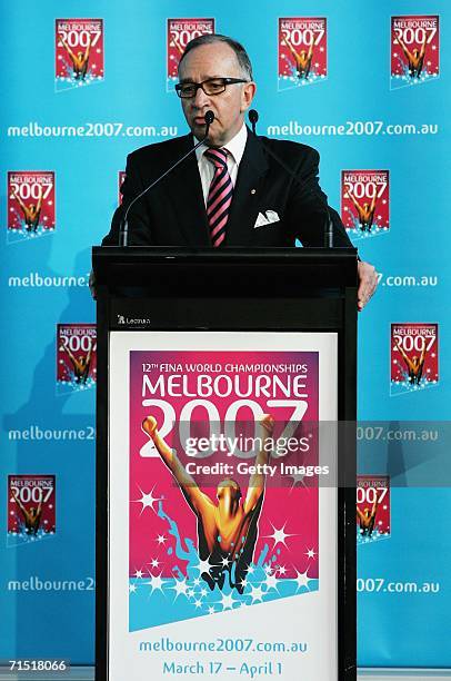 Tony Beddison AO, Chairman of the 2007 World Swimming Championships Corporation talks during the launch for the 12th FINA World Swimming...