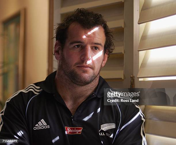 Carl Hayman of the All Blacks poses at a media session at the team hotel on July 26, 2006 in Brisbane, Australia. New Zealand play the Australian...
